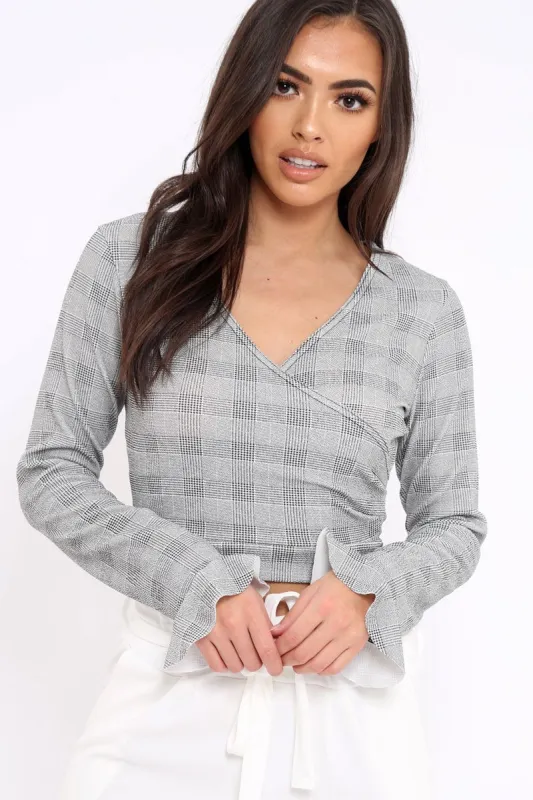 Tartan Plunge Bell Sleeve Crop Top - Merla sold by Rebellious Fashion