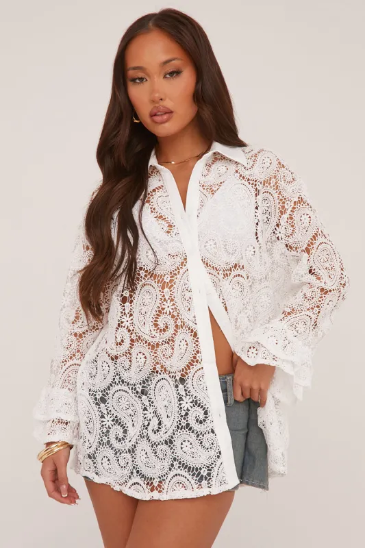 White Lace Button Up Frill Sleeve Shirt - Lynn sold by Rebellious Fashion