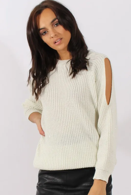 White Sparkle Knitted Cold Shoulder Jumper - May sold by Rebellious Fashion