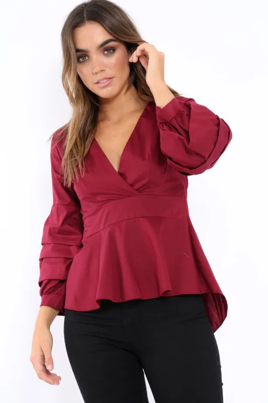 Wine Pleated Dip Hem Top - Avah sold by Rebellious Fashion