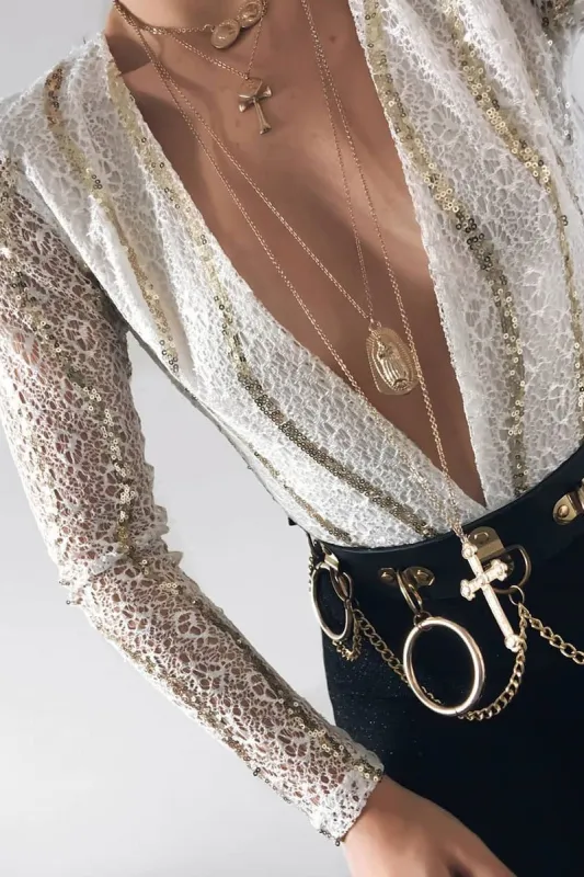 White Gold Sequin Plunge Bodysuit - Dreah made by Rebellious Fashion