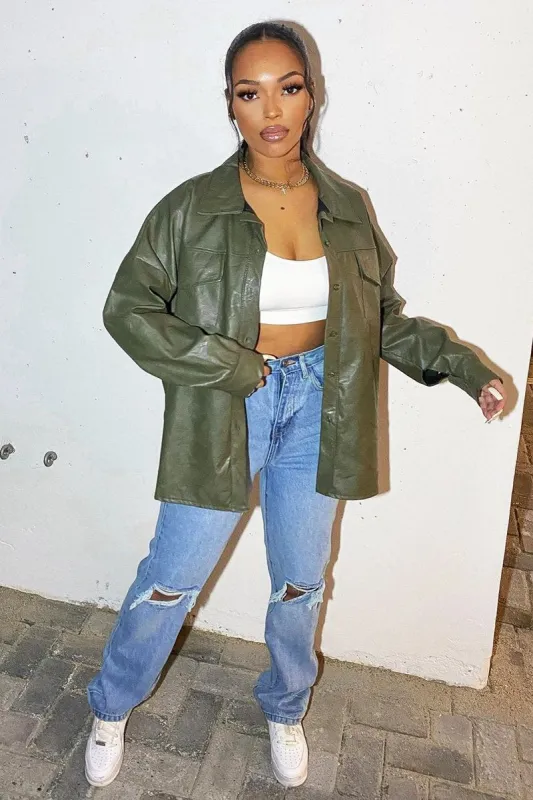 Khaki Faux Leather Shacket - Leiyah sold by Rebellious Fashion