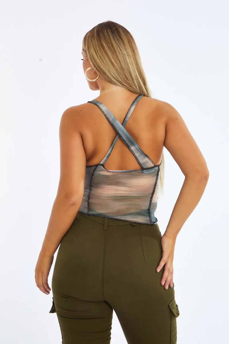 Tie Dye Print Mesh Asymmetric Crop Top - Filippa sold by Rebellious Fashion product image thumbnail 5