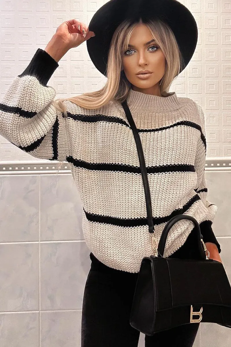 Beige Chunky Knit striped Jumper - Pari sold by Rebellious Fashion