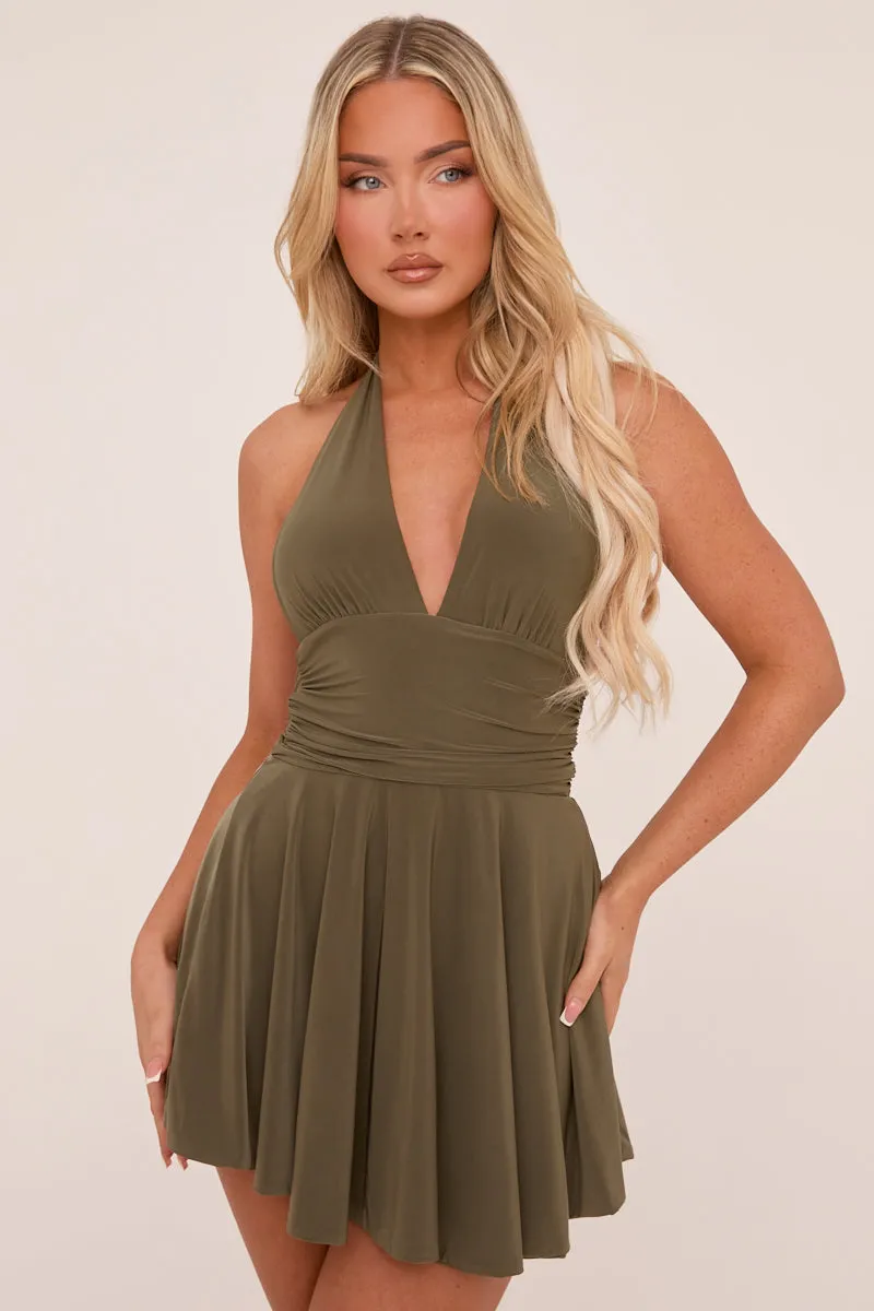Khaki Halter Plunge Neck Mini Dress - Pippa sold by Rebellious Fashion