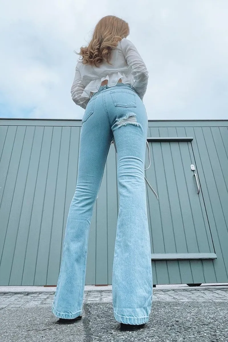 Light Blue Ripped Flare Jeans - Elze sold by Rebellious Fashion product image thumbnail 4