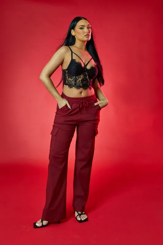 Burgundy Straight Leg Cargo Trousers - Rian sold by Rebellious Fashion