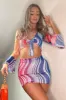 Multi Print Mesh Tie Front Crop Top And Mini Skirt Set- Jersi sold by Rebellious Fashion