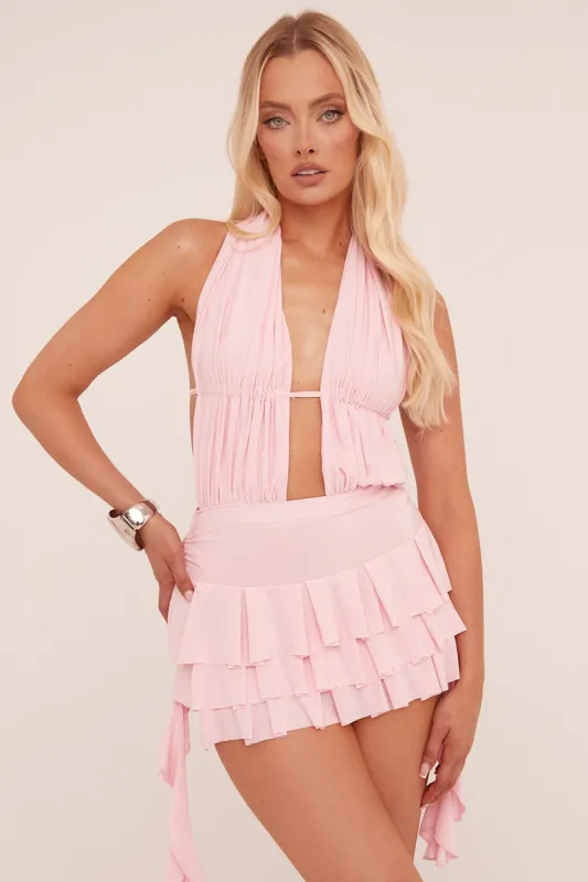 Pink Plunge Neck Frill Detail Mini Dress - Swan sold by Rebellious Fashion