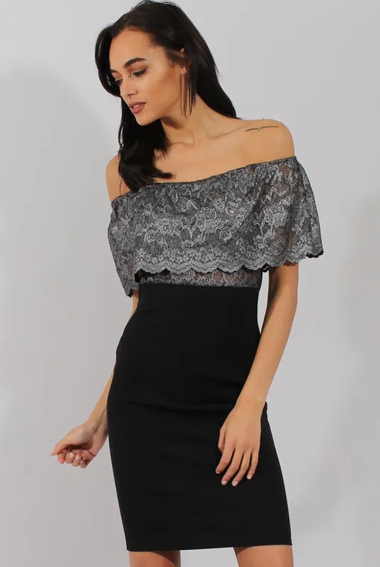 Silver And Black Lace Frill Bardot Bodycon Dress - Cora sold by Rebellious Fashion
