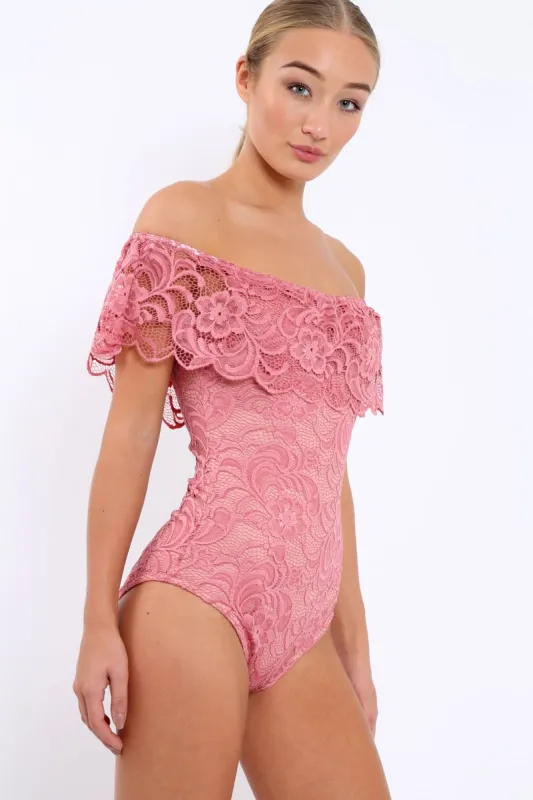 Pink Lace Bardot Bodysuit - Rae sold by Rebellious Fashion