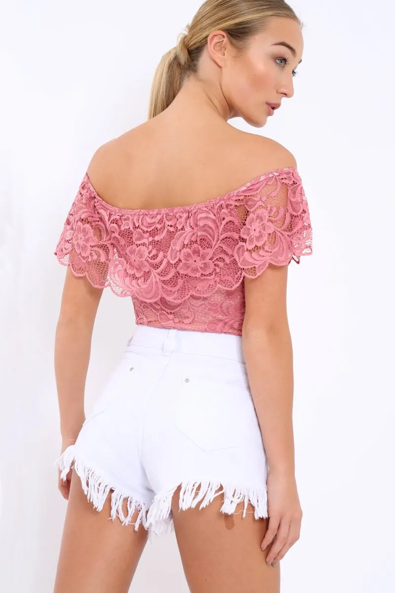 Pink Lace Bardot Bodysuit - Rae sold by Rebellious Fashion product image thumbnail 5