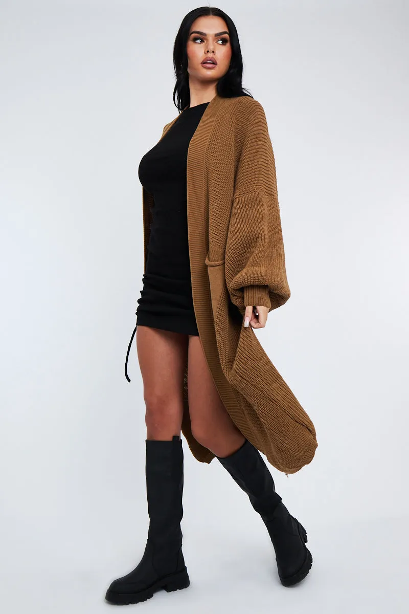 Camel Balloon Sleeve Maxi Knit Cardigan - Imara sold by Rebellious Fashion