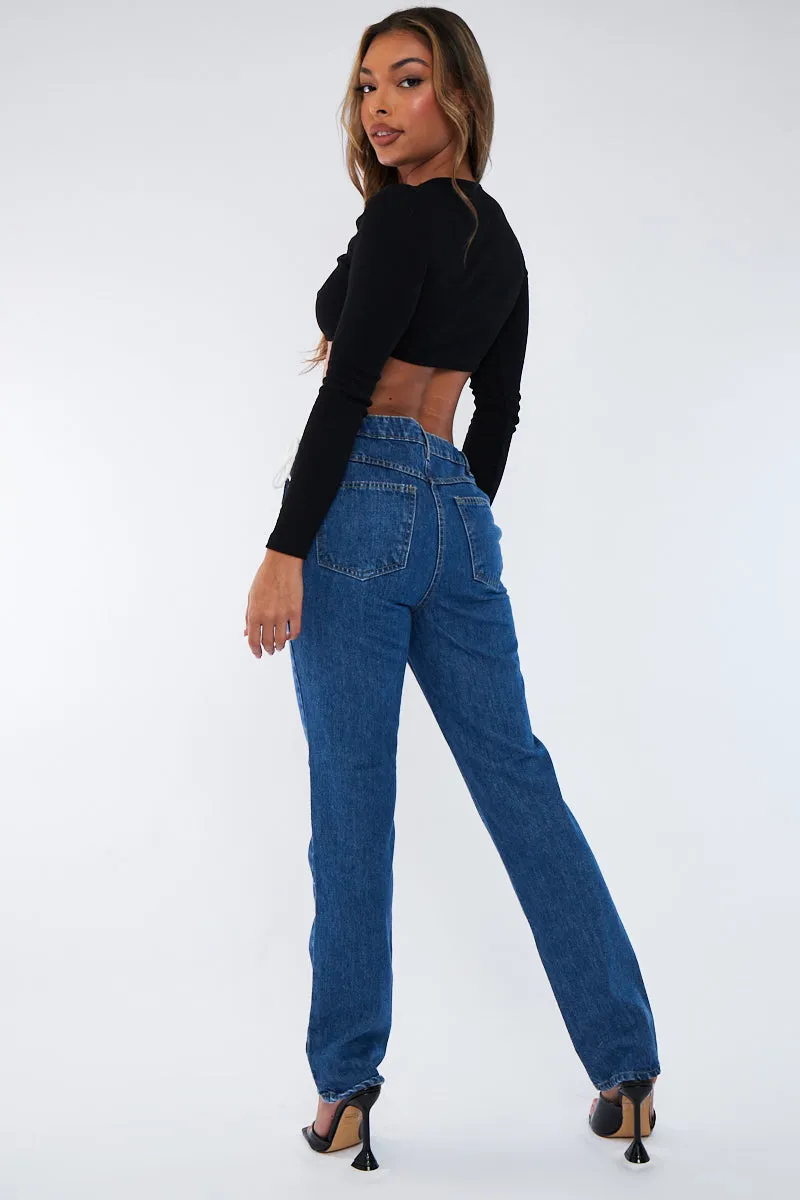 Mid Blue Denim Lace Up Detail Straight Leg Jeans - Eliana sold by Rebellious Fashion product image thumbnail 5