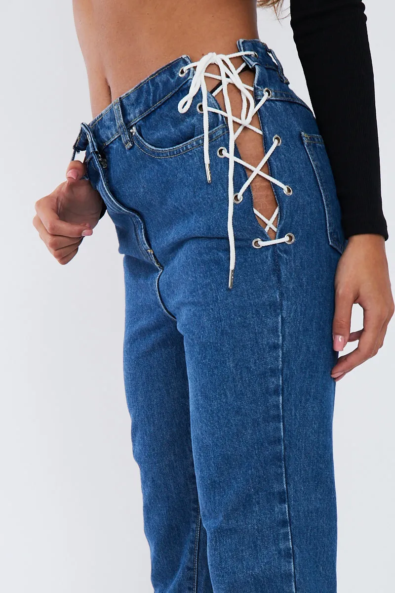 Mid Blue Denim Lace Up Detail Straight Leg Jeans - Eliana sold by Rebellious Fashion product image thumbnail 4