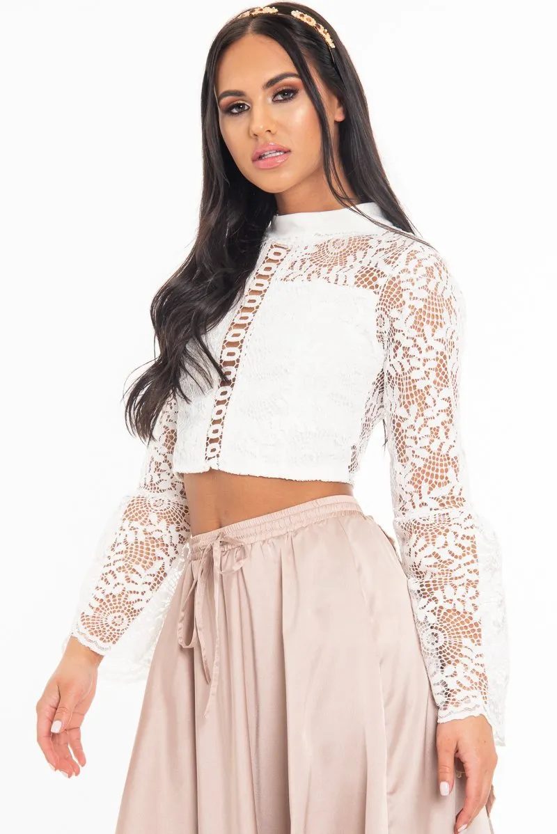 White Crochet Lace Bell Sleeve Crop Top - Taylor sold by Rebellious Fashion product image thumbnail 4