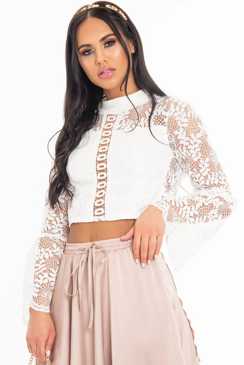 White Crochet Lace Bell Sleeve Crop Top - Taylor sold by Rebellious Fashion product image thumbnail 3