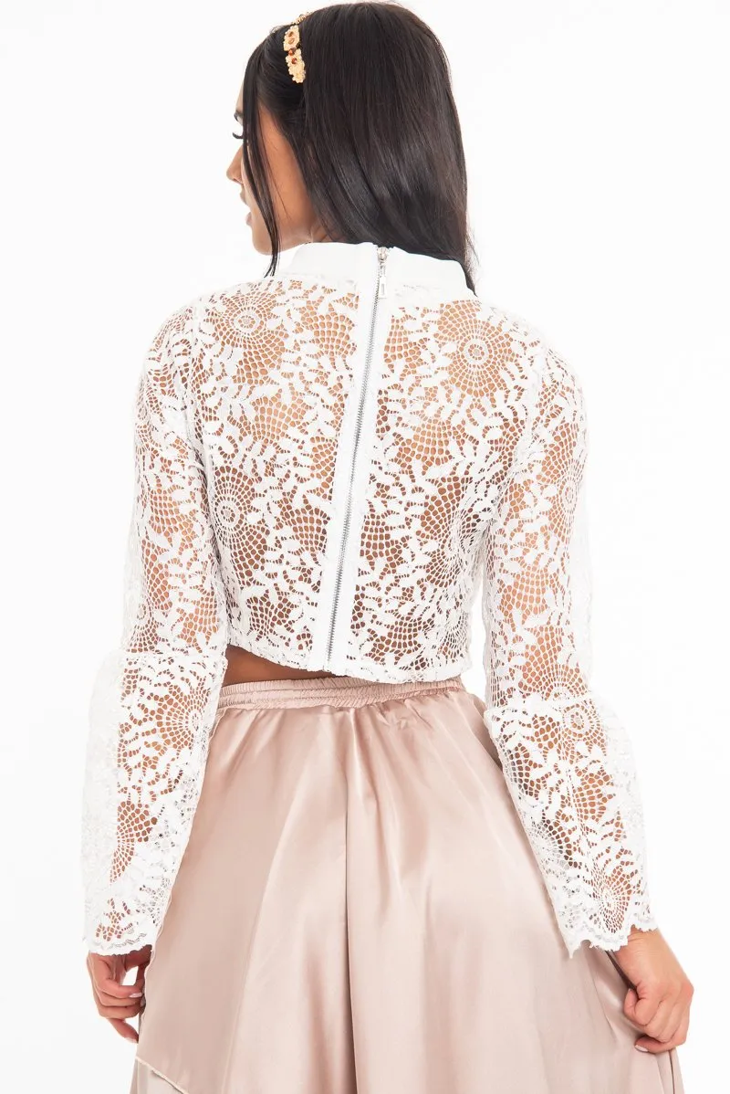 White Crochet Lace Bell Sleeve Crop Top - Taylor sold by Rebellious Fashion product image thumbnail 5
