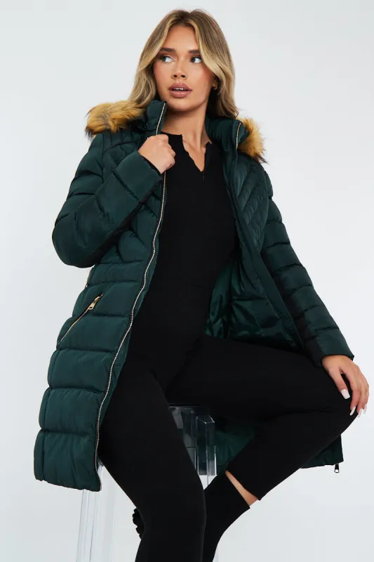 Green Fur Hood Contrast Panel Puffer Coat - Chelsie sold by Rebellious Fashion