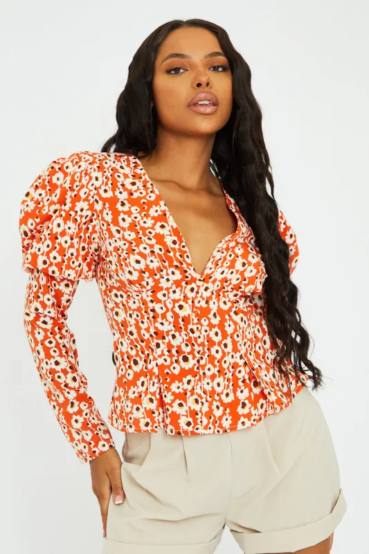 Orange Floral Print Puff Sleeve Top - Zoey sold by Rebellious Fashion
