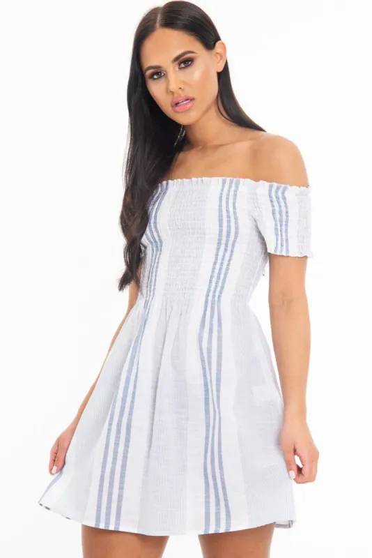 White Blue Stripe Shirred Bardot Woven Mini Dress - Artemis made by Rebellious Fashion