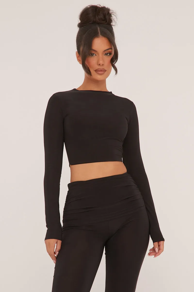 Black Round Neck Cropped Top & Wide Leg Trousers Co-ord Set - Zoe sold by Rebellious Fashion product image thumbnail 2