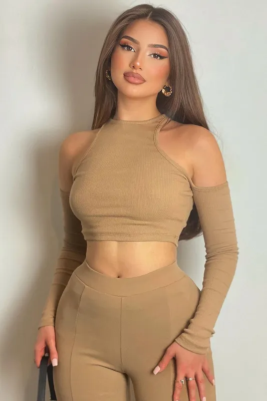 Camel Ribbed Cut Out Shoulders Crop Top - Tyra sold by Rebellious Fashion