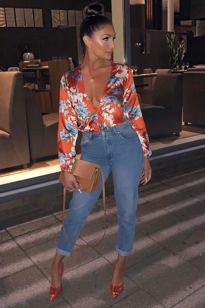 Red Floral Long Sleeve Plunge Bodysuit - Nicole sold by Rebellious Fashion