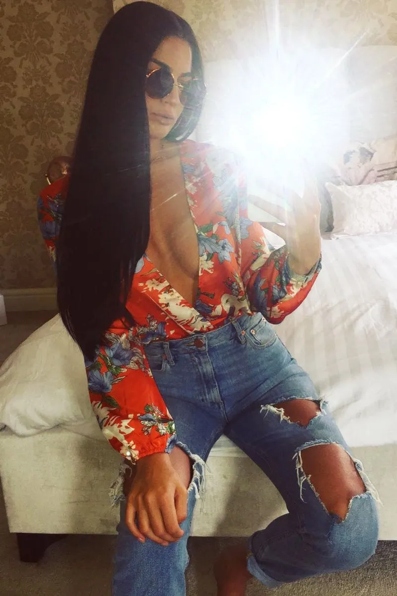 Red Floral Long Sleeve Plunge Bodysuit - Nicole sold by Rebellious Fashion product image thumbnail 3