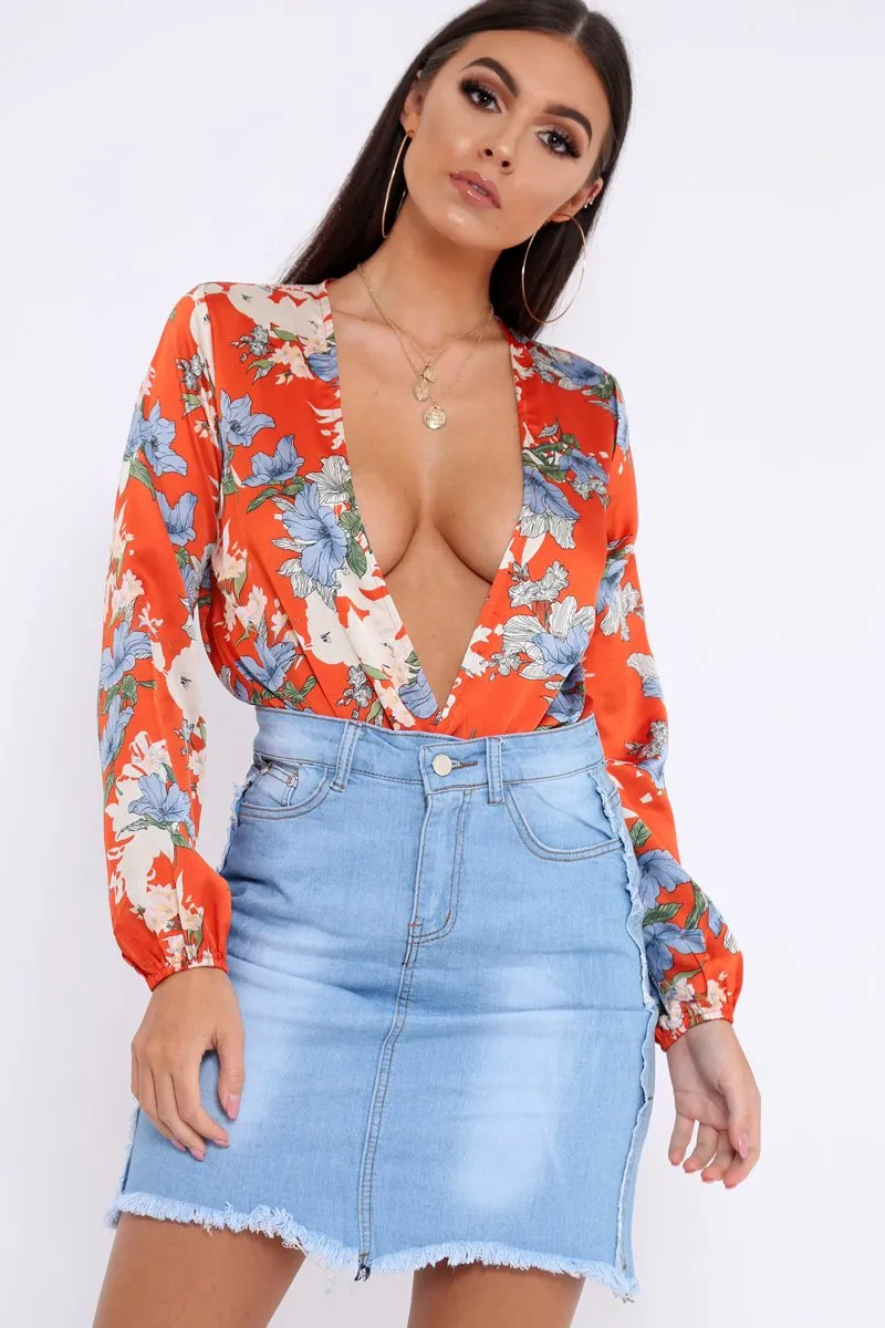 Red Floral Long Sleeve Plunge Bodysuit - Nicole sold by Rebellious Fashion product image thumbnail 4