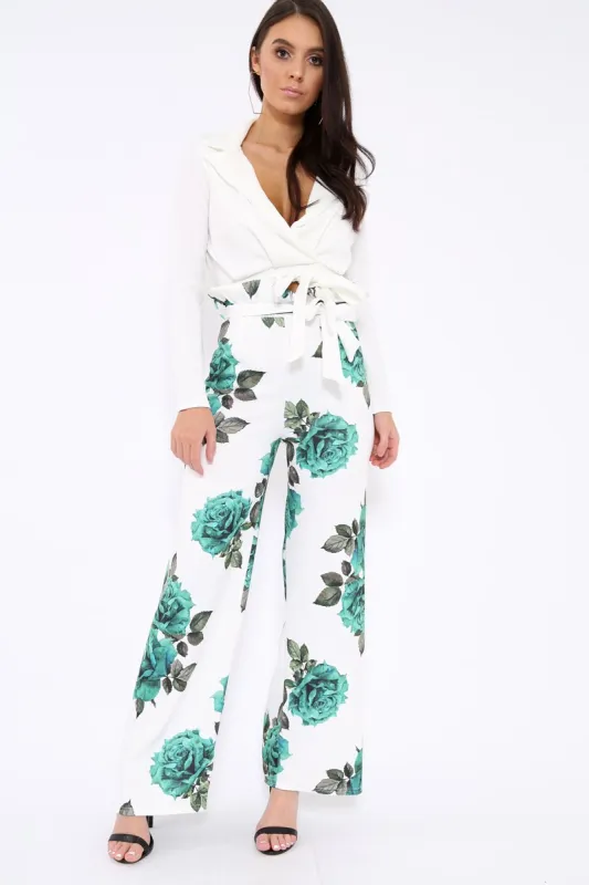 White and Green Floral Paper Bag Tie Waist Wide Leg Trousers - Kennedy sold by Rebellious Fashion