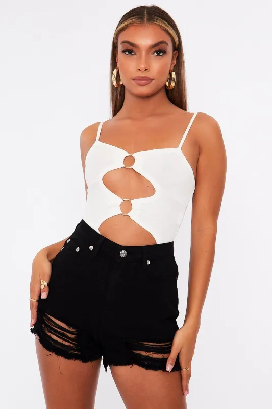 White Front Ring Cut Out Ribbed Bodysuit - Ruba sold by Rebellious Fashion