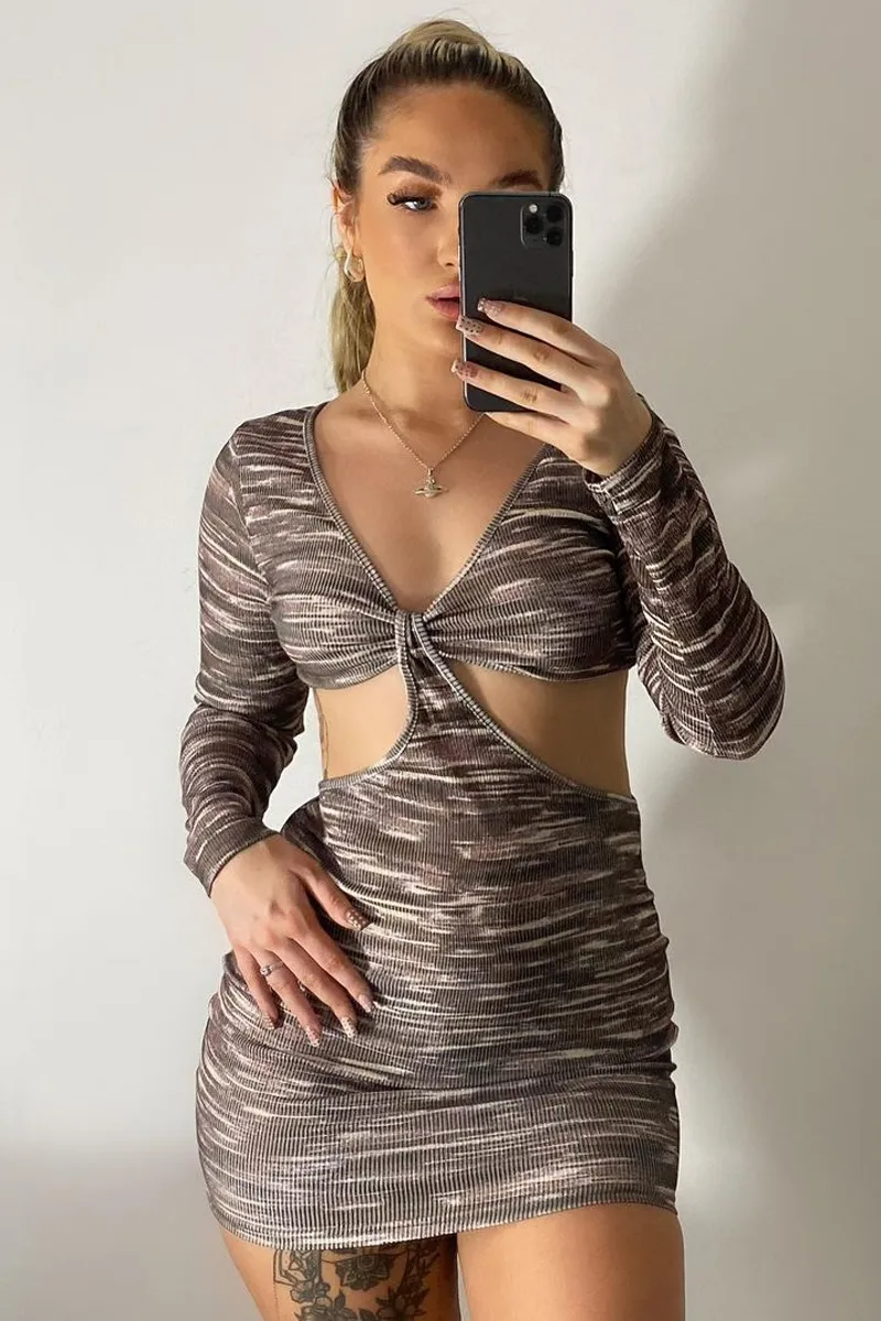 Brown Printed Cut Out Ribbed Mini Dress - Larra sold by Rebellious Fashion product image thumbnail 5
