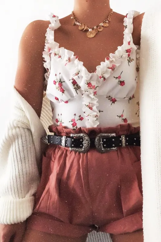 White Floral Print Frill Detail Crop Top - Bellagrace sold by Rebellious Fashion