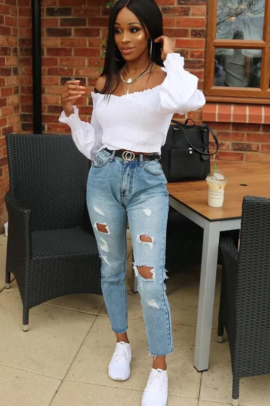 White Shirred Bardot Crop Top - Abisha sold by Rebellious Fashion