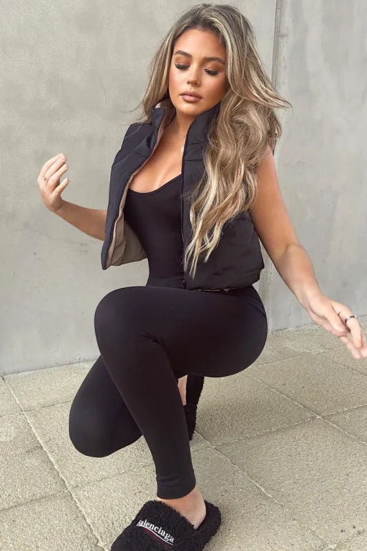 Black Camel Reversible Cropped Puffer Gilet - Naava sold by Rebellious Fashion