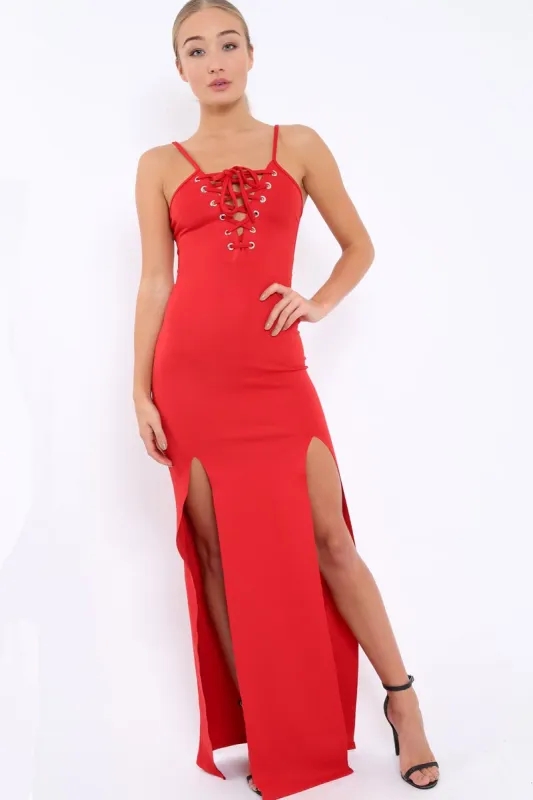 Red Lace Up Front Front Dress - Kailani sold by Rebellious Fashion