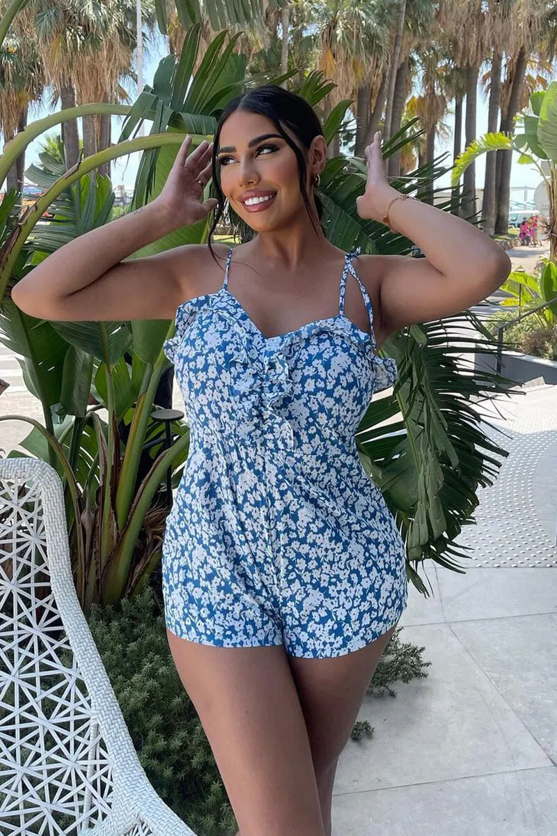 Blue Floral Print Frill Playsuit - Winnie sold by Rebellious Fashion product image thumbnail 5
