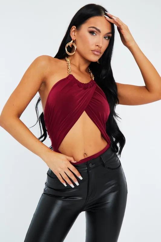 Wine Crossover Chain Halterneck Bodysuit - Mariel sold by Rebellious Fashion