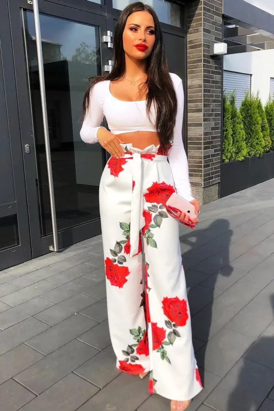White Floral Paper Bag Tie Waist Wide Leg Trousers - Kennedy sold by Rebellious Fashion