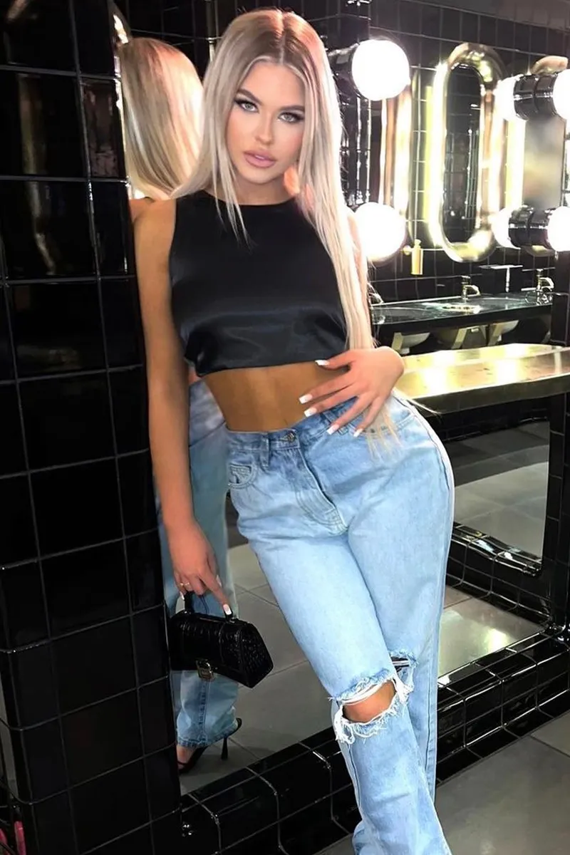 Black Satin Lace Up Back Crop Top - Esti sold by Rebellious Fashion product image thumbnail 5