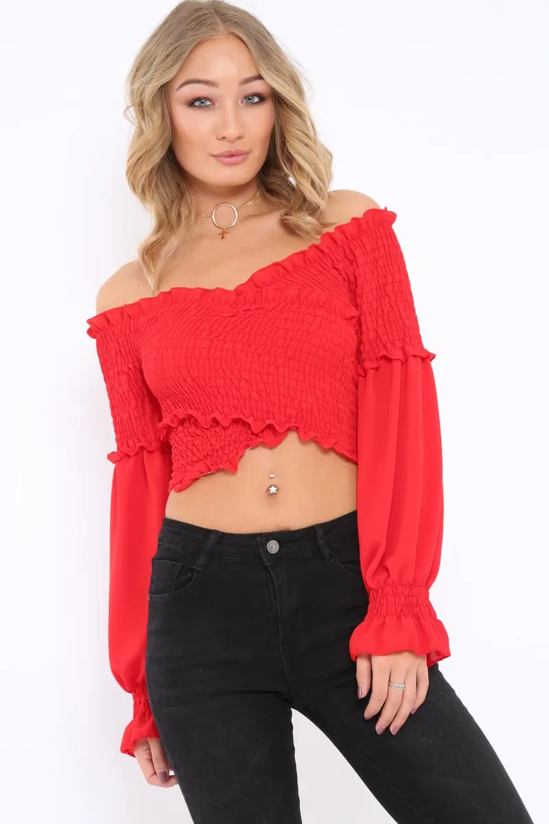 Red Shirred Wrap Over Bardot Crop Top - Zuri sold by Rebellious Fashion product image thumbnail 2
