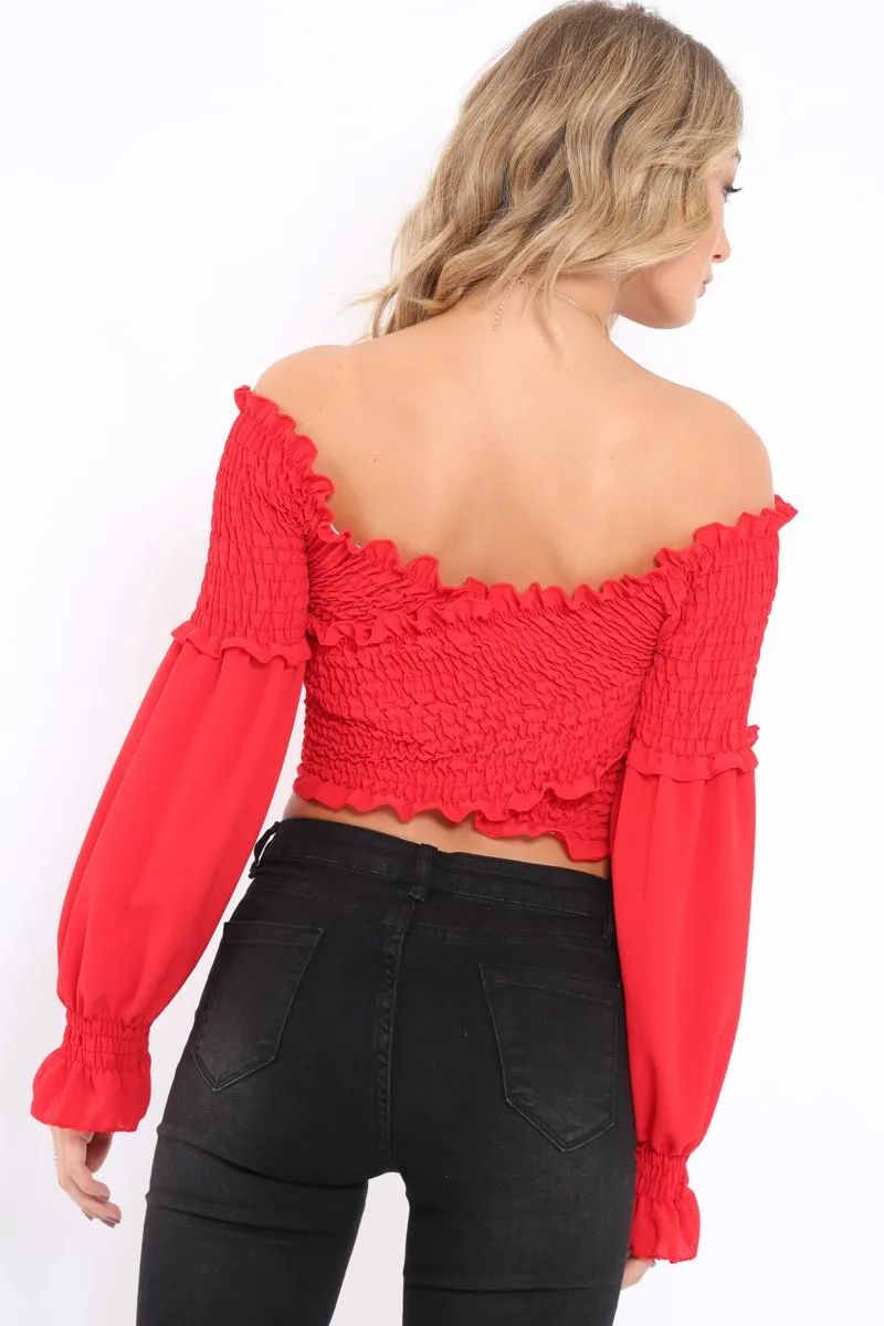Red Shirred Wrap Over Bardot Crop Top - Zuri sold by Rebellious Fashion product image thumbnail 5