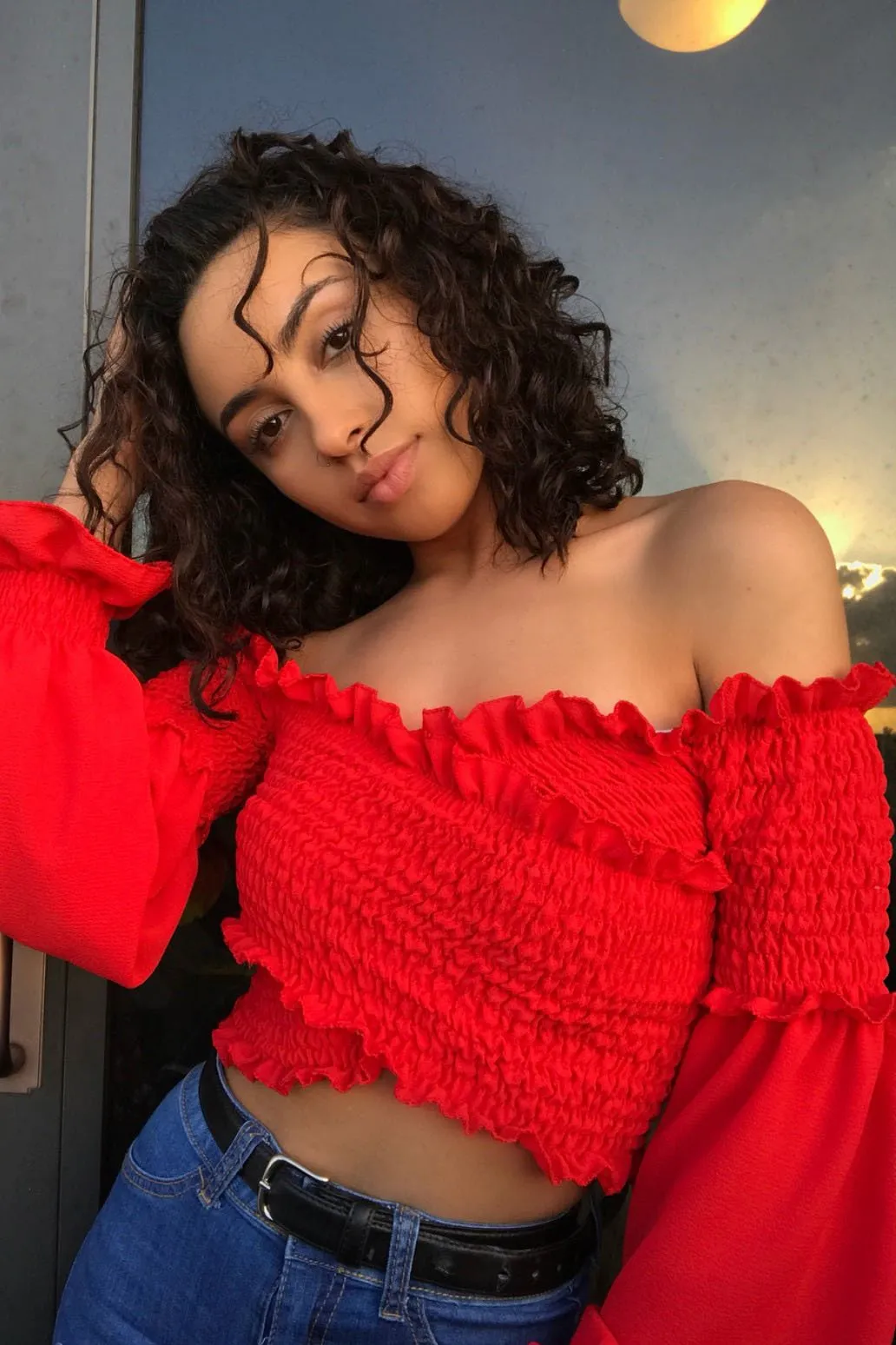 Red Shirred Wrap Over Bardot Crop Top - Zuri sold by Rebellious Fashion