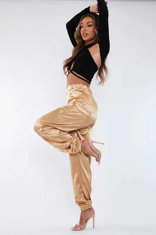 Gold Satin Cargo Trousers - Maeve sold by Rebellious Fashion