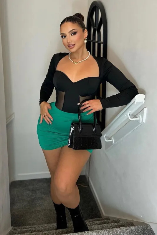 Black Mesh Panel Long Sleeve Bodysuit - Luna sold by Rebellious Fashion