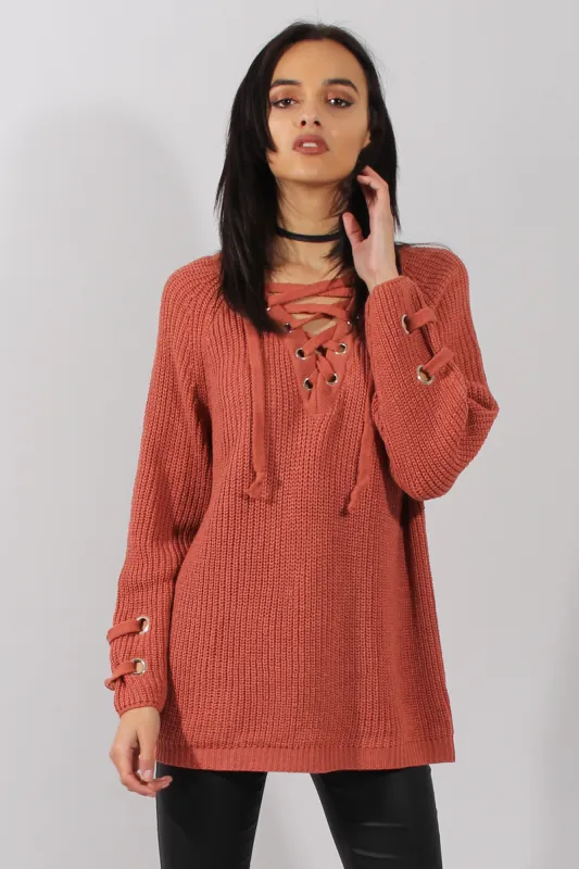 Rust Knit Lace Up Long Line Jumper - Cassie sold by Rebellious Fashion