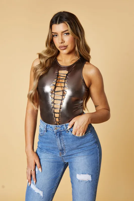 Brown Metallic Knot Detail Sleeveless Bodysuit -- Nagisa sold by Rebellious Fashion