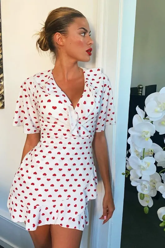 White Heart Print Plunge Ruffle Detail Mini Dress - Nicolle sold by Rebellious Fashion