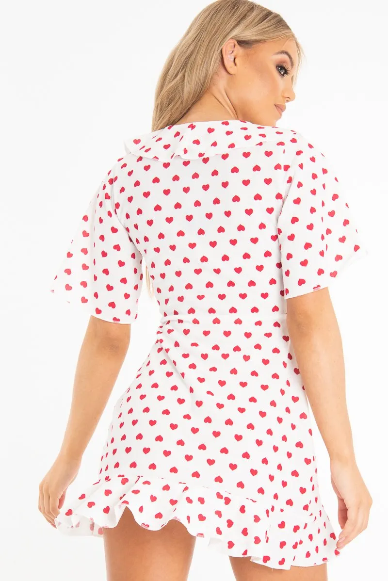 White Heart Print Plunge Ruffle Detail Mini Dress - Nicolle sold by Rebellious Fashion product image thumbnail 3